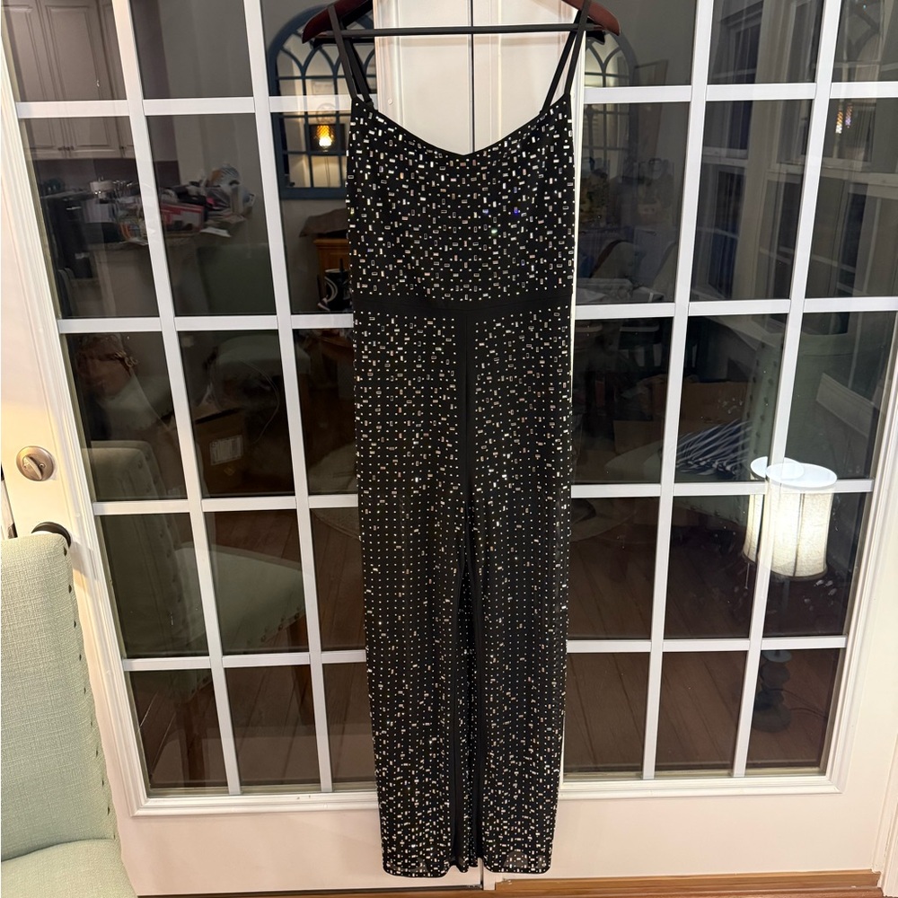Black Sequin Spaghetti Strap Jumpsuit with Rhinestones and Sequins - NWOT